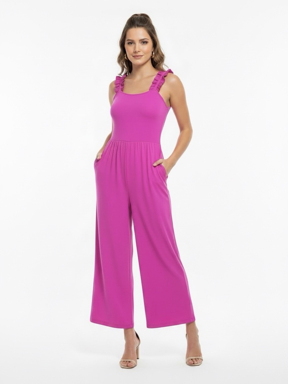 💖 Entro Hot Pink Cropped Wide Leg Jumpsuit Ruffled Strap Size Small - Picture 14 of 14